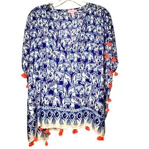LILLY PULITZER Sz L / XL Sydney Caftan Top Get Trunky Elephant print w Tassels
